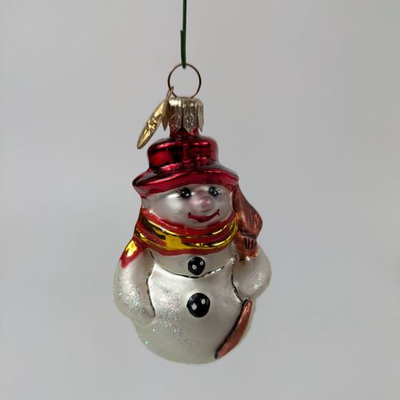 Christopher Radko Handcrafted Glass Ornament Littlest Snowman 90s Red Hat Broom - Picture 1 of 10